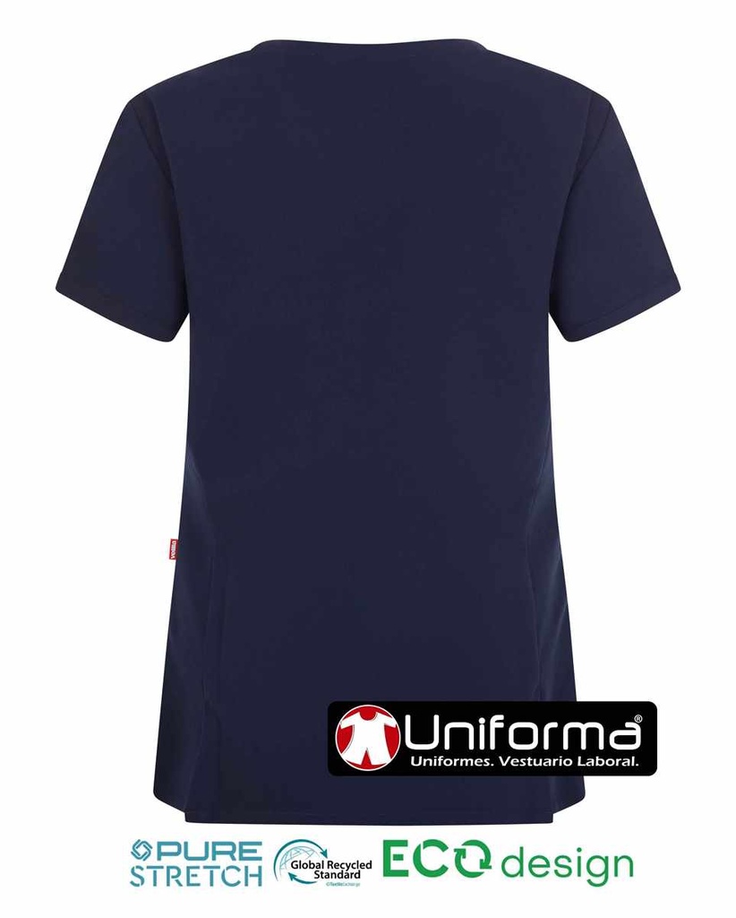 Camisola casaca Sanitaria de color Azul Marino en tejido de Microfibra Elástica, pijama sanitario elástico de tacto suave tipo melocotón de micro fibra anti manchas, y anti olores hidrofugada personalizable con logo de empresa en uniforma  - V535221S