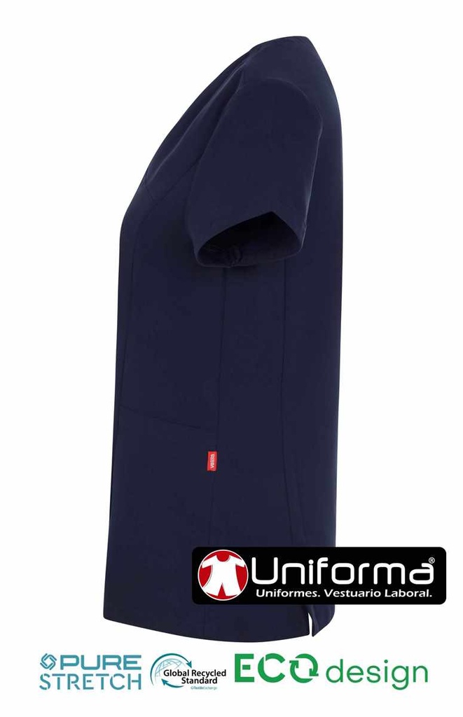 Camisola casaca Sanitaria de color Azul Marino en tejido de Microfibra Elástica, pijama sanitario elástico de tacto suave tipo melocotón de micro fibra anti manchas, y anti olores hidrofugada personalizable con logo de empresa en uniforma  - V535221S