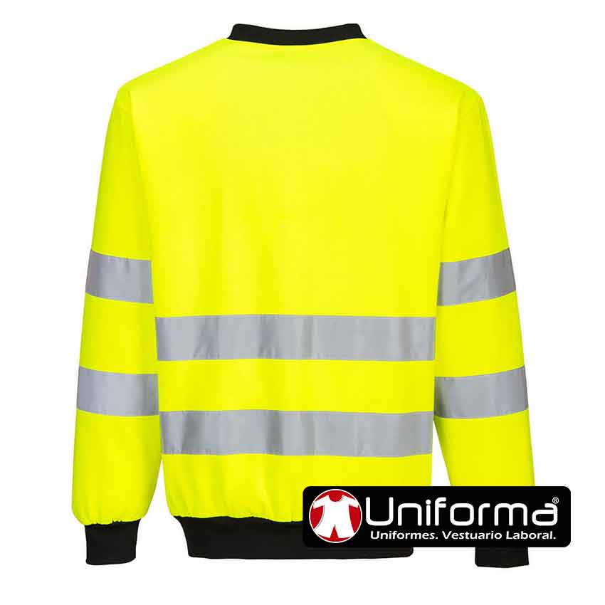 Sudadera amarillo reflectante de Alta Visibilidad Clase 3 de Cuello Redondo con detalles en color negro, puños elásticos, personalizable con logo de empresa en Uniforma- PPW277