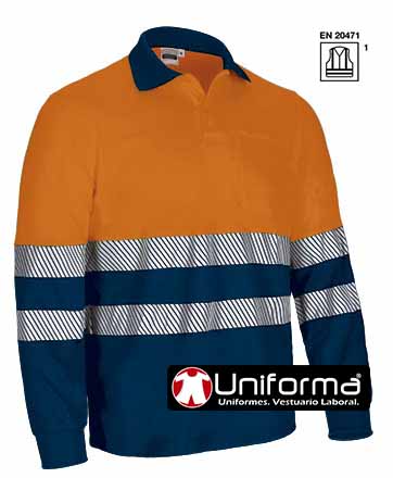 Polo reflectante de alta visibilidad Térmico de Manga Larga, de color naranja y marino, con bolsillo en el pecho, y cuello a contraste, con puños elásticos, personalizable con logo de empresa en Uniforma - VL2633