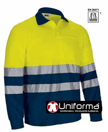 Polo reflectante de alta visibilidad Térmico de Manga Larga, de color amarillo y marino, con bolsillo en el pecho, y cuello a contraste, con puños elásticos, personalizable con logo de empresa en Uniforma - VL2633