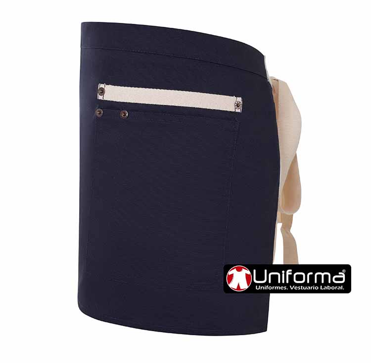 Delantal mandil corto en tejido rústico grueso canvas, con remaches tipo vaquero, con cinta de color a contraste, para camareros, en tejido resistente de calidad, personalizable con logo de empresa en Uniforma  - V404221B