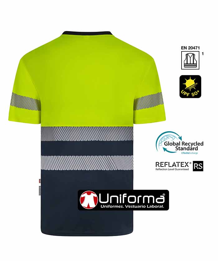 Camiseta de trabajo reflectante bicolor de alta visibilidad fabricada con poliéster reciclado procedente de botellas de plástico, personalizable con logo de empresa en Uniforma - V305633