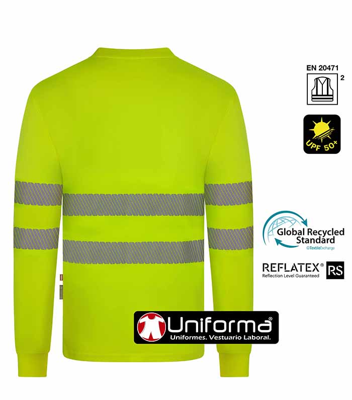 Camiseta de trabajo de manga larga reflectante de alta visibilidad fabricada con poliéster reciclado procedente de botellas de plástico, personalizable con logo de empresa en Uniforma