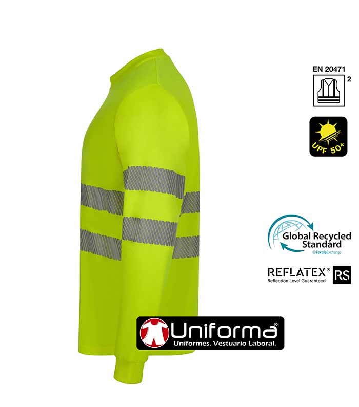 Camiseta de trabajo de manga larga reflectante de alta visibilidad fabricada con poliéster reciclado procedente de botellas de plástico, personalizable con logo de empresa en Uniforma