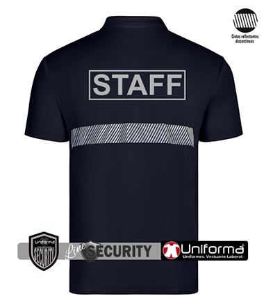Polo de trabajo para uniforme de vigilante de seguridad de color azul marino con una banda reflectante segmentada discontinua, en tejido ligero y fresco, disponible en tallas grandes, personalizable con logo de empresa en Uniforma - VPS160UAV