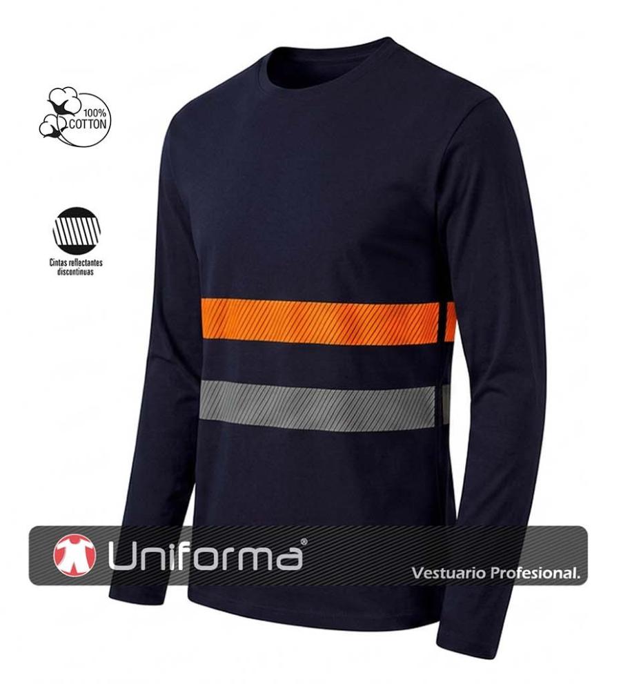 Camiseta Manga Larga Algodón Bandas Reflectantes y Naranja Fluor - UN1004